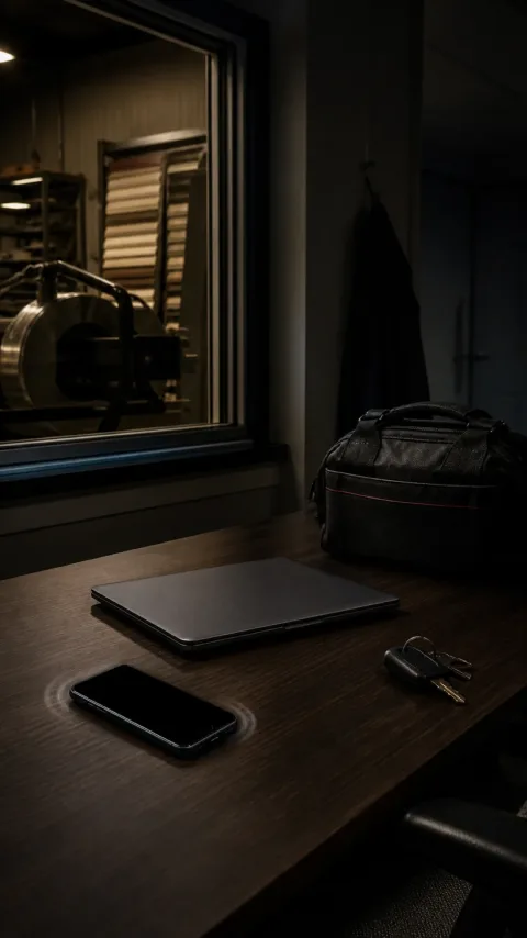 Illustrative quiet service-business office with a phone and closed tablet after hours