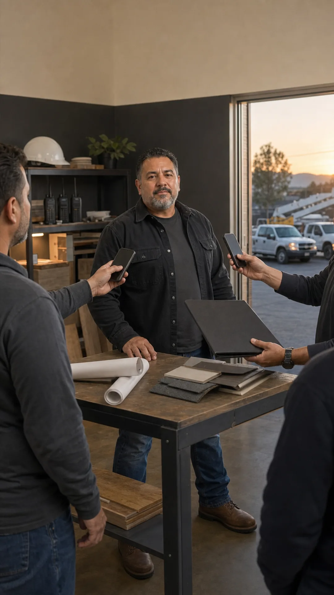 Illustrative service-company operator talking with colleagues inside an office