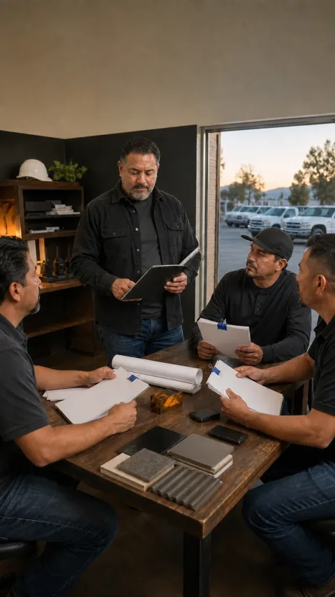 Illustrative service-company team gathered around a folder in an office