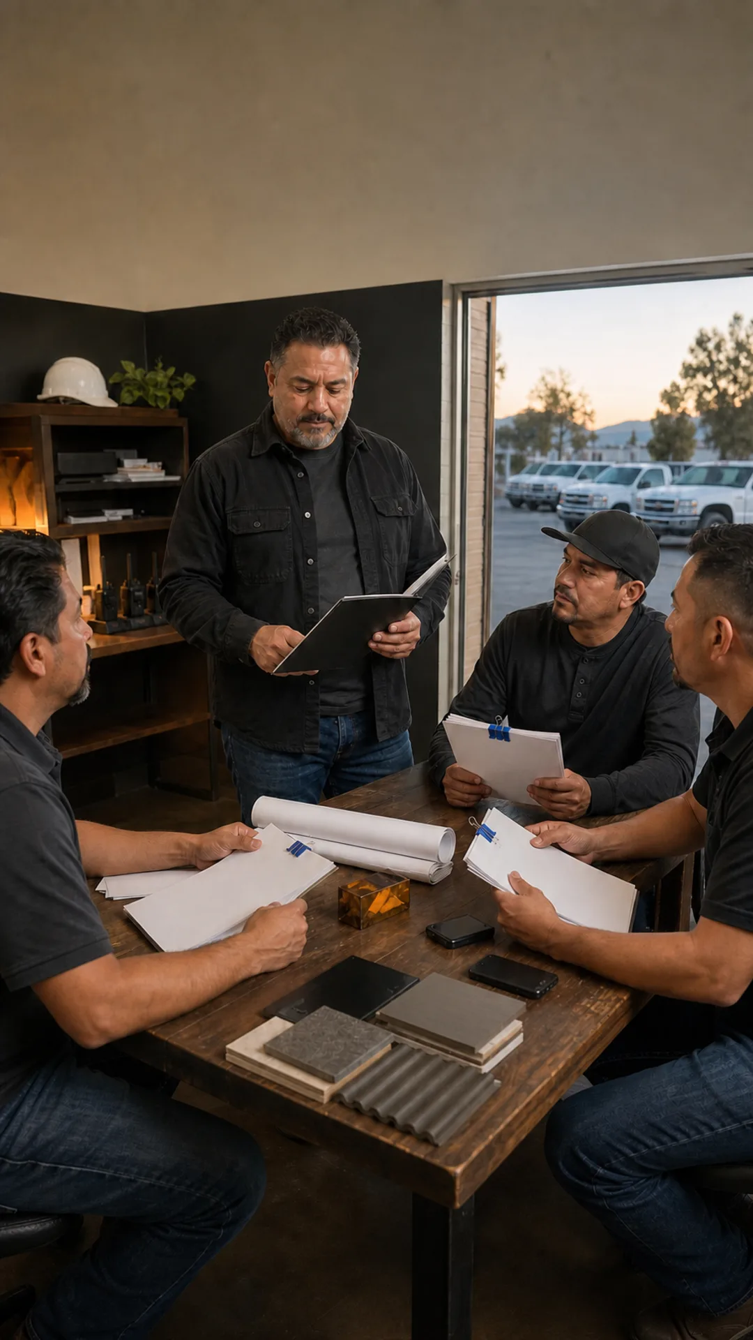 Illustrative service-company team gathered around a folder in an office