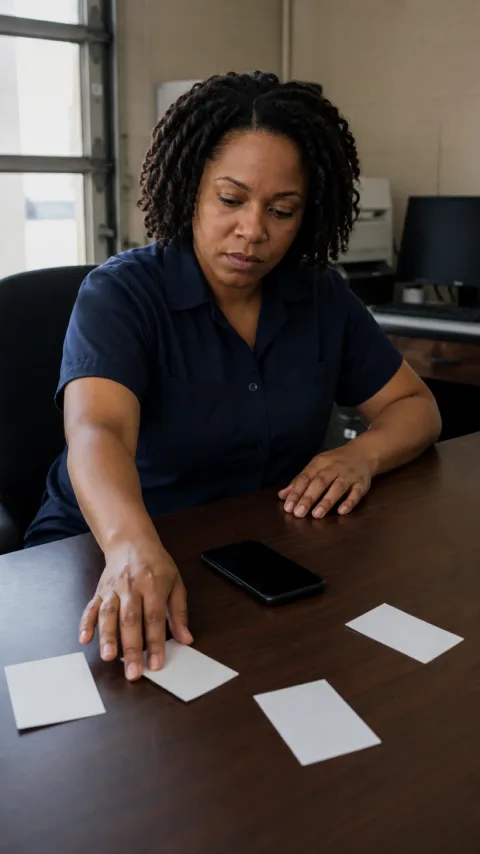 Illustrative office operator arranging blank callback cards beside a phone