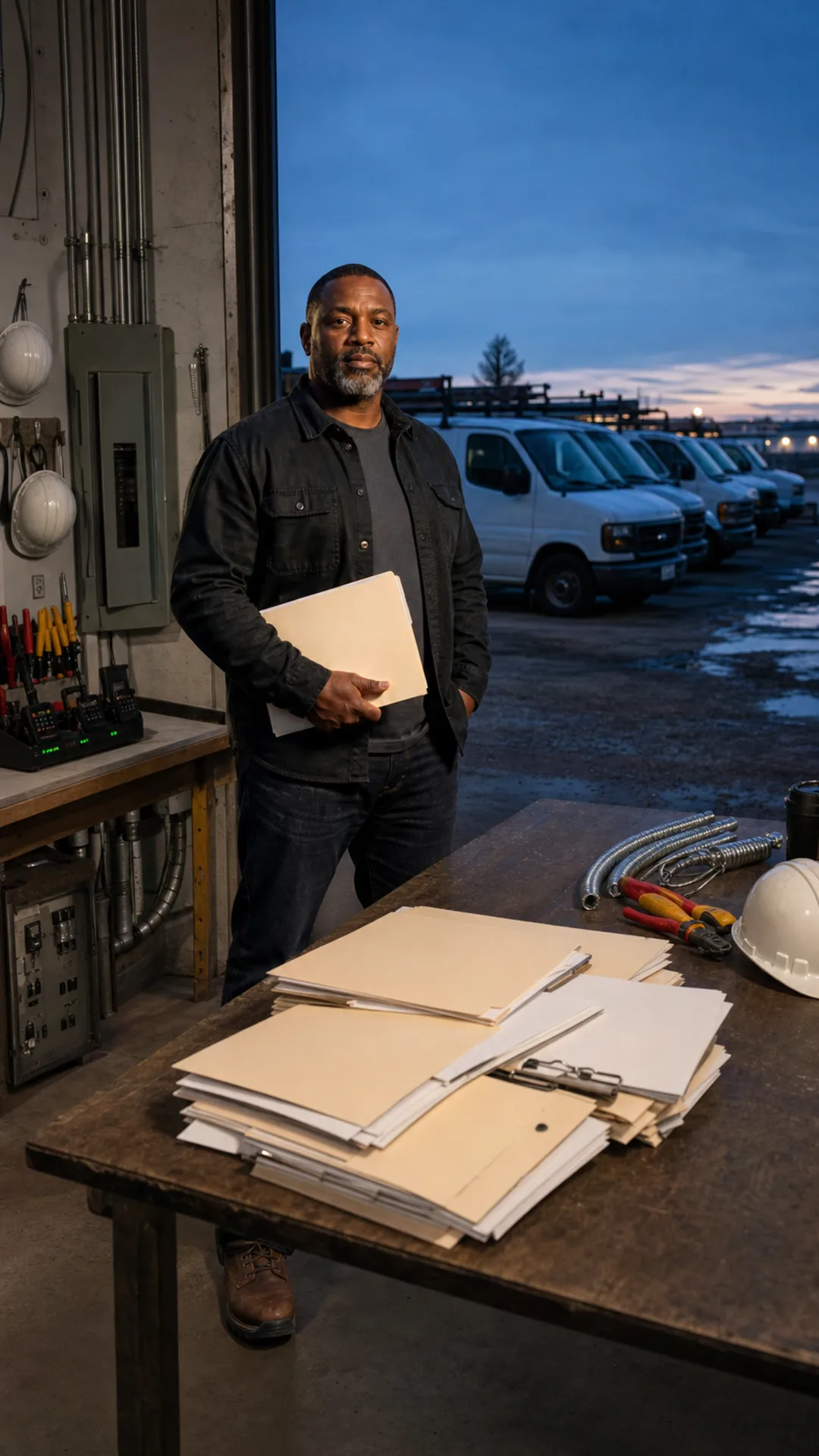 Illustrative electrical contractor holding a closed folder outside a workshop