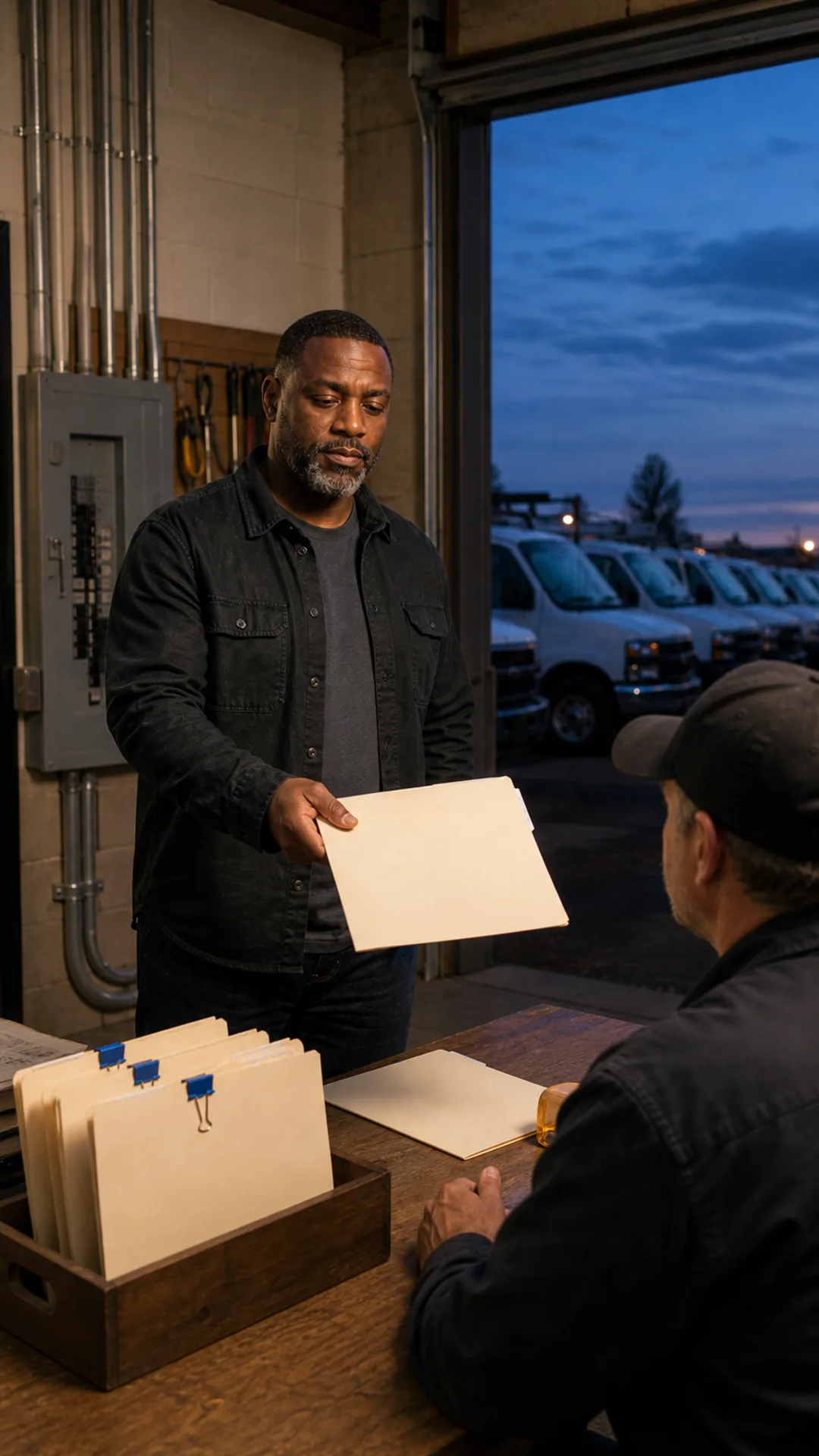 Illustrative electrical contractor looking at a folder with a colleague
