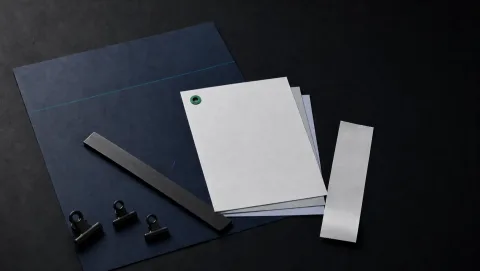 Illustrative blank estimate folders and paper on a dark desk