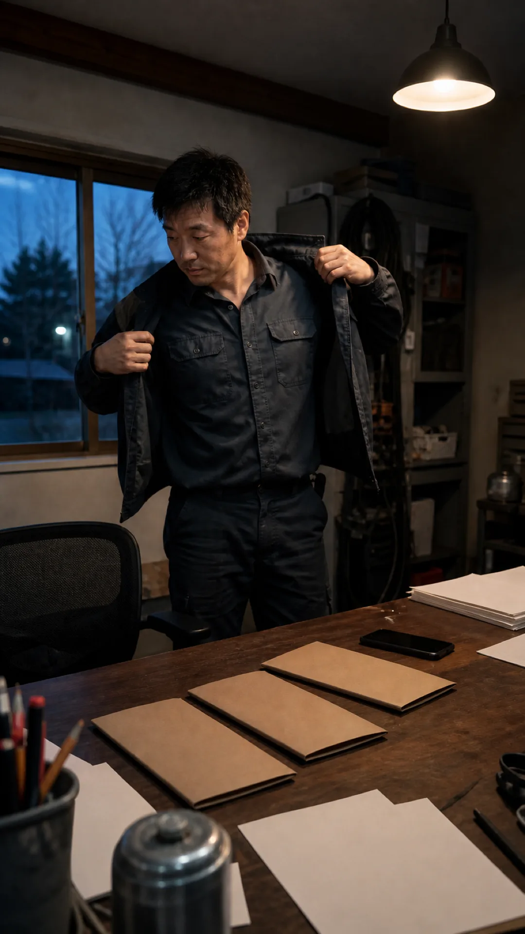 Illustrative contractor putting on a jacket beside open estimate folders
