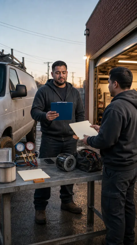 Illustrative HVAC technician looking at a clipboard with a colleague beside a van