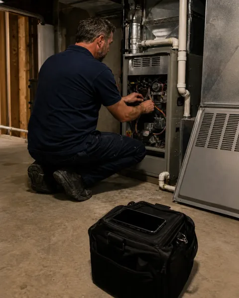 Illustrative HVAC technician servicing a furnace in a home