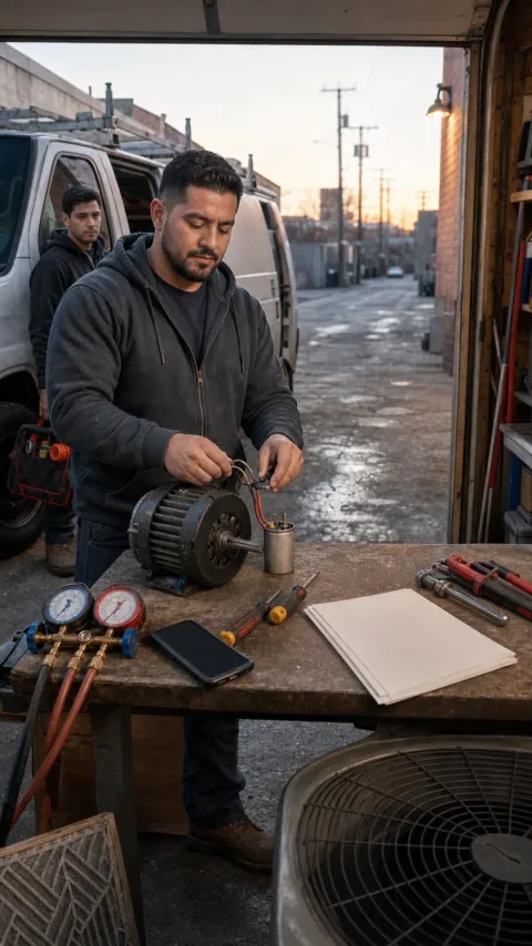 Illustrative HVAC technician working on a blower motor at a workshop bench