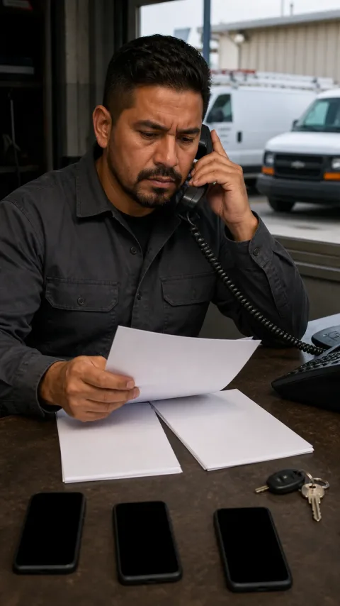Illustrative home-service owner answering a phone while reviewing paperwork