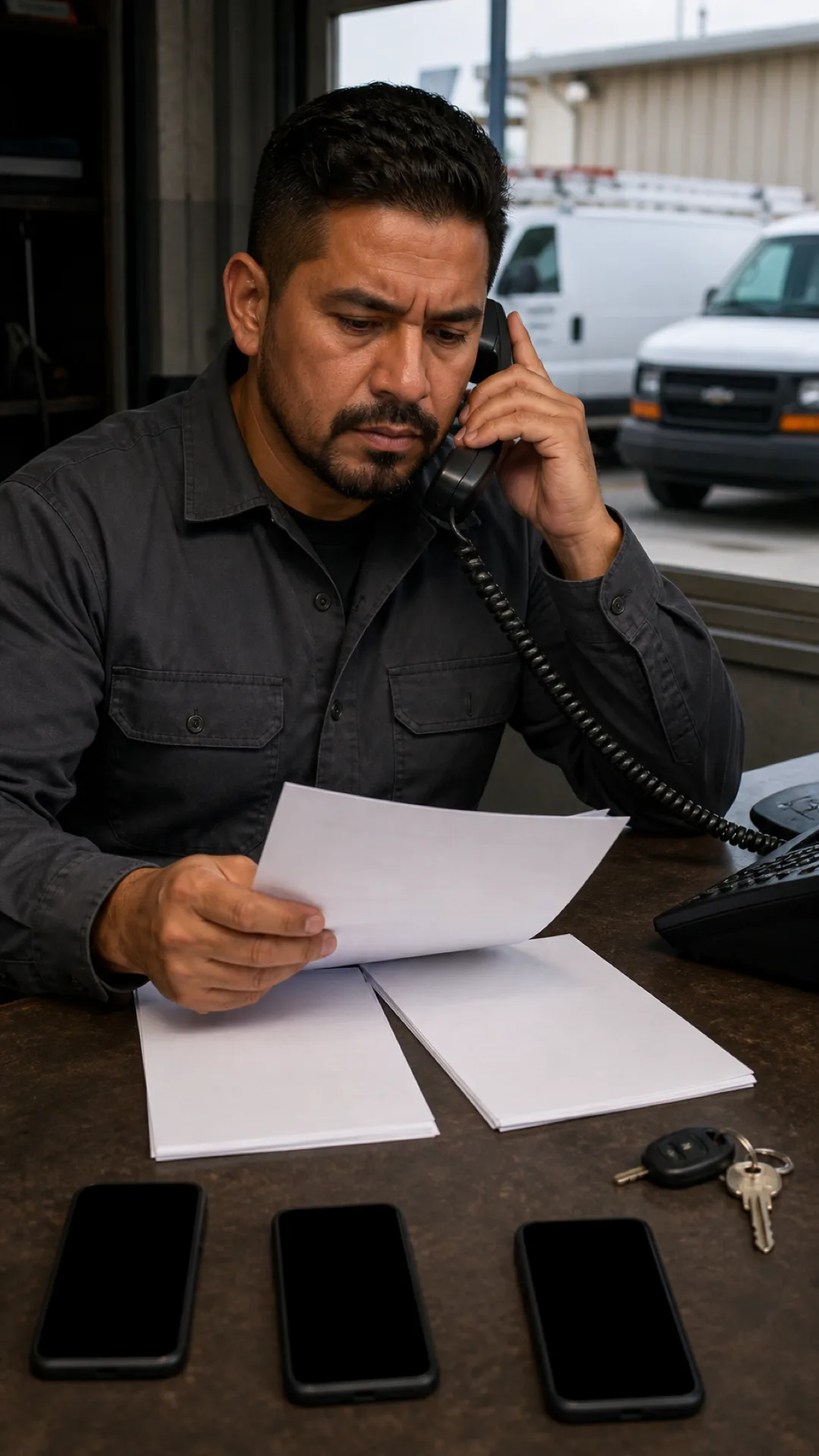 Illustrative home-service owner answering a phone while reviewing paperwork