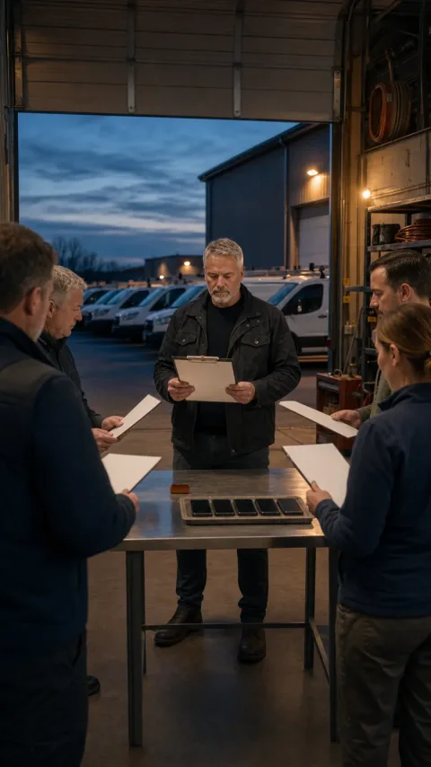 Illustrative service-company team gathered with folders at a workshop entrance