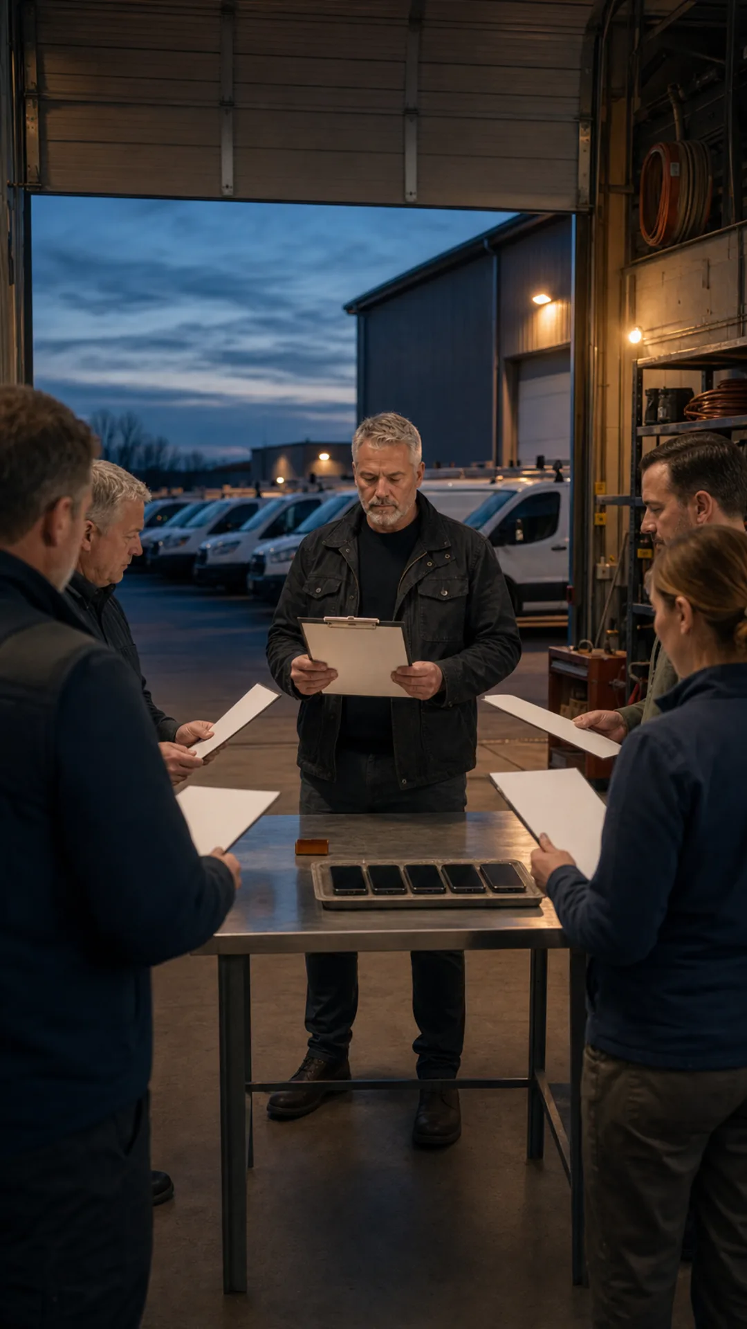 Illustrative service-company team gathered with folders at a workshop entrance