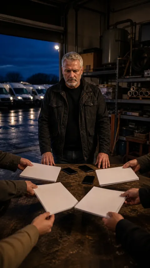 Illustrative service-company operator standing at a workshop bench with colleagues holding folders