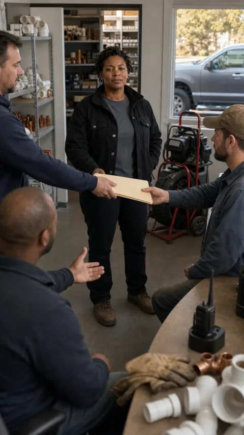 Illustrative plumbing office team gathered around a blank folder