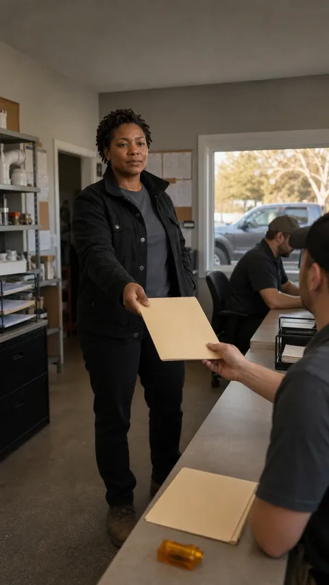 Illustrative plumbing office operator holding a folder beside a colleague