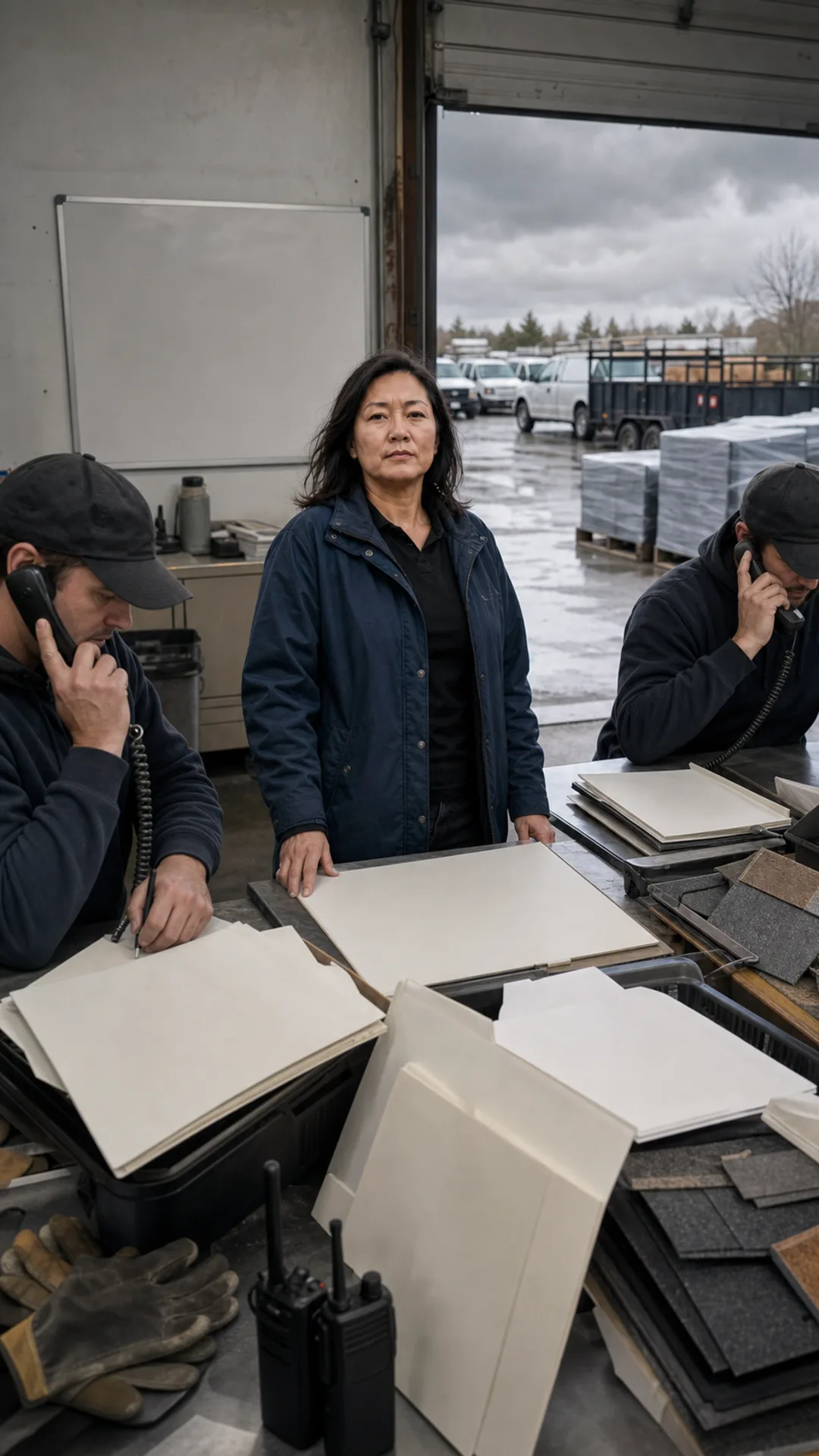 Illustrative roofing operator with colleagues holding phones beside a warehouse