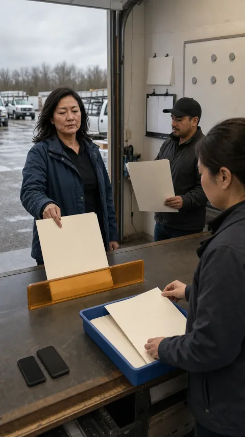 Illustrative roofing operator discussing a folder with two colleagues