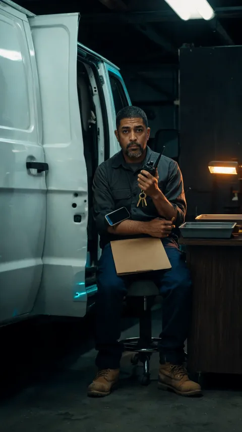 Illustrative HVAC owner seated beside a service van with a folder