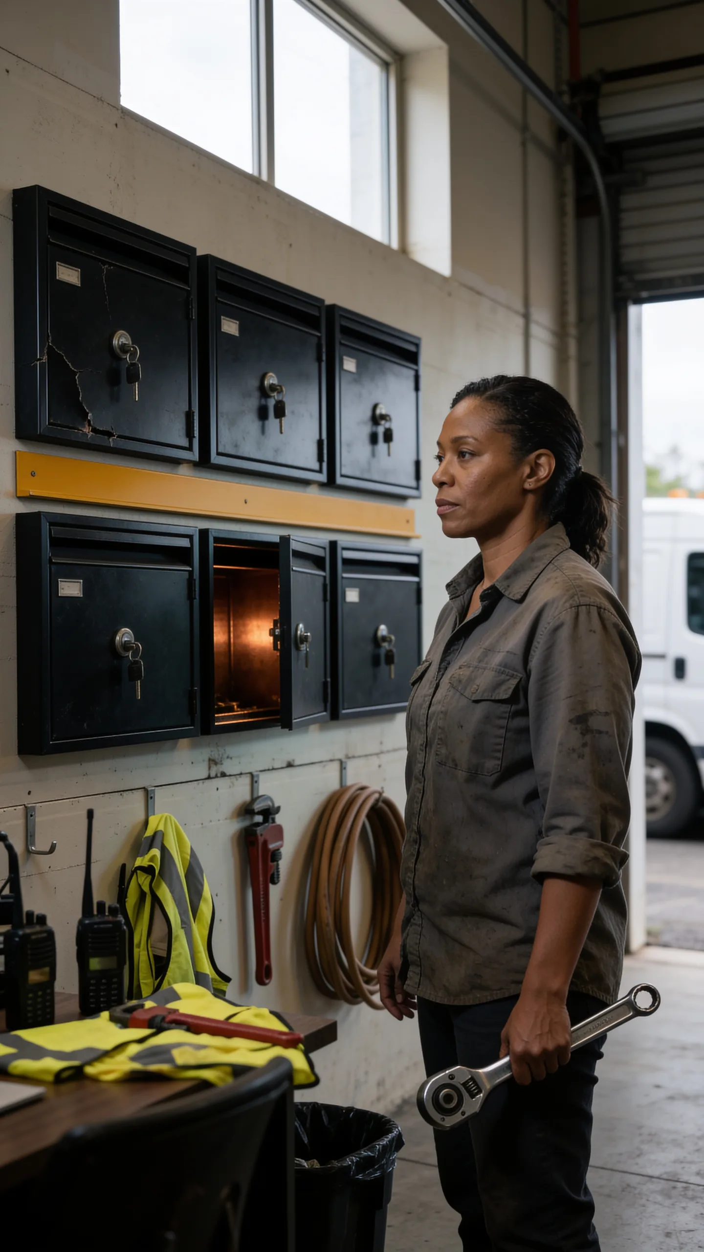 Illustrative technician holding a wrench beside workshop equipment