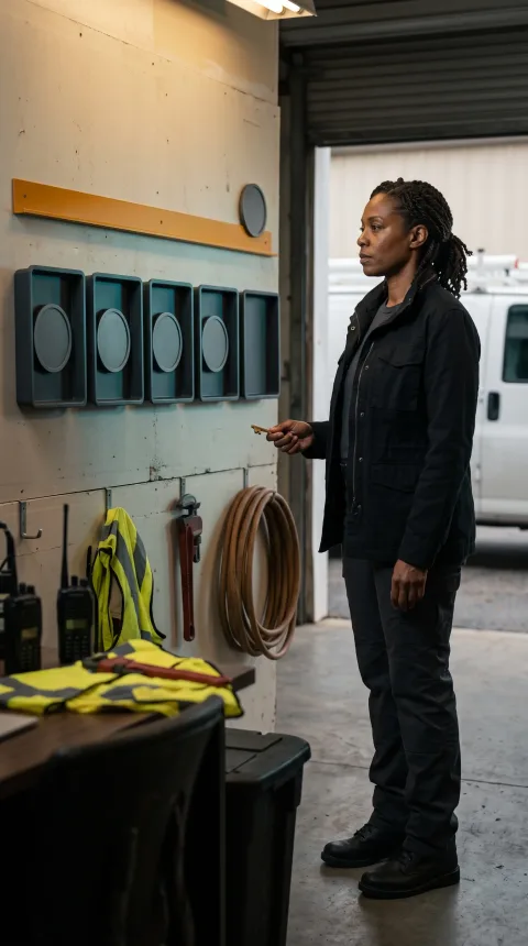 Illustrative service-company operator beside workshop equipment and safety gear